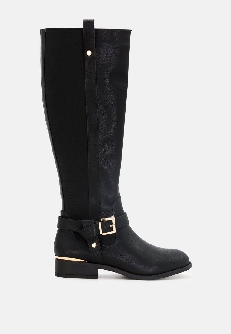 Buckle Detail Wide Calf Boots featuring a stylish buckle at the ankle, round toe, and side zipper for easy wear.