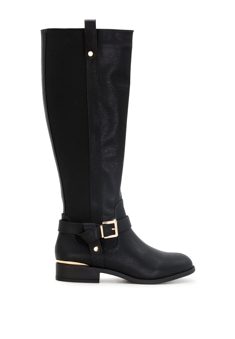 Buckle Detail Wide Calf Boots featuring a stylish buckle at the ankle, round toe, and side zipper for easy wear.