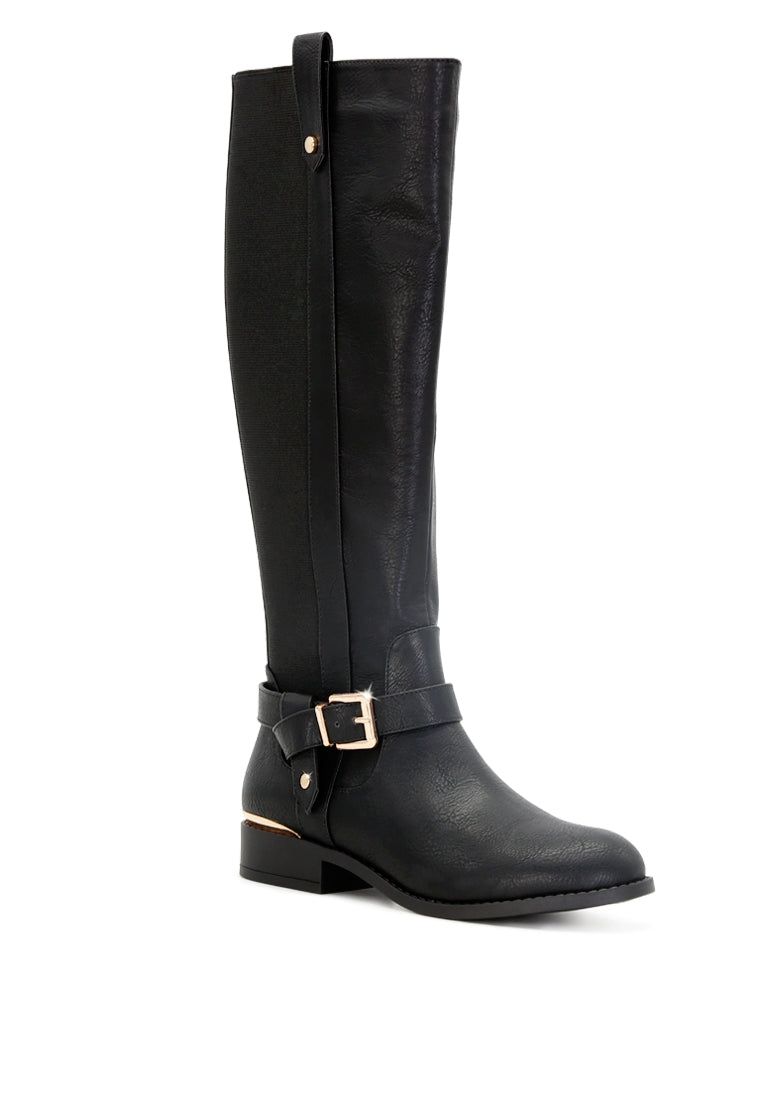 Buckle Detail Wide Calf Boots featuring a stylish buckle at the ankle, round toe, and side zipper for easy wear.