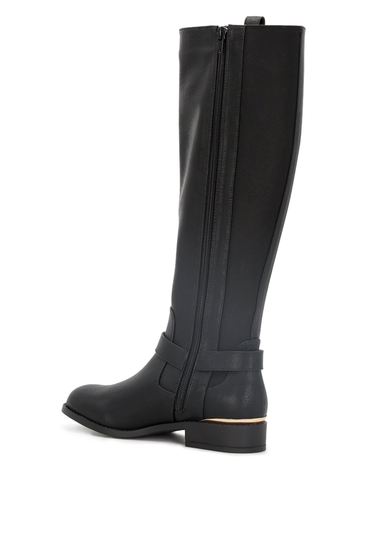 Buckle Detail Wide Calf Boots featuring a stylish buckle at the ankle, round toe, and side zipper for easy wear.