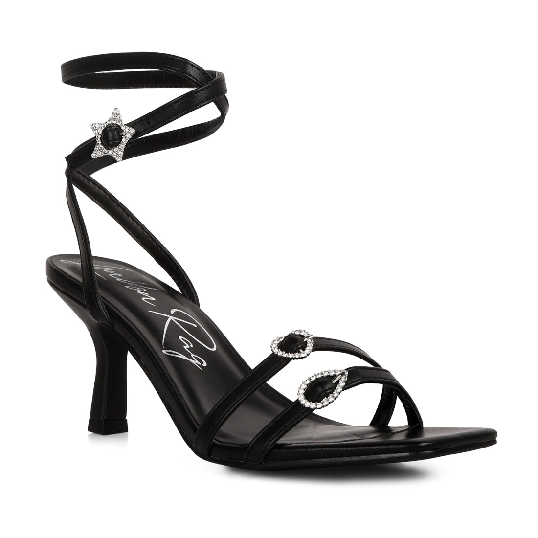 A pair of elegant black buckle high heel sandals featuring a stiletto heel and open square toe design.