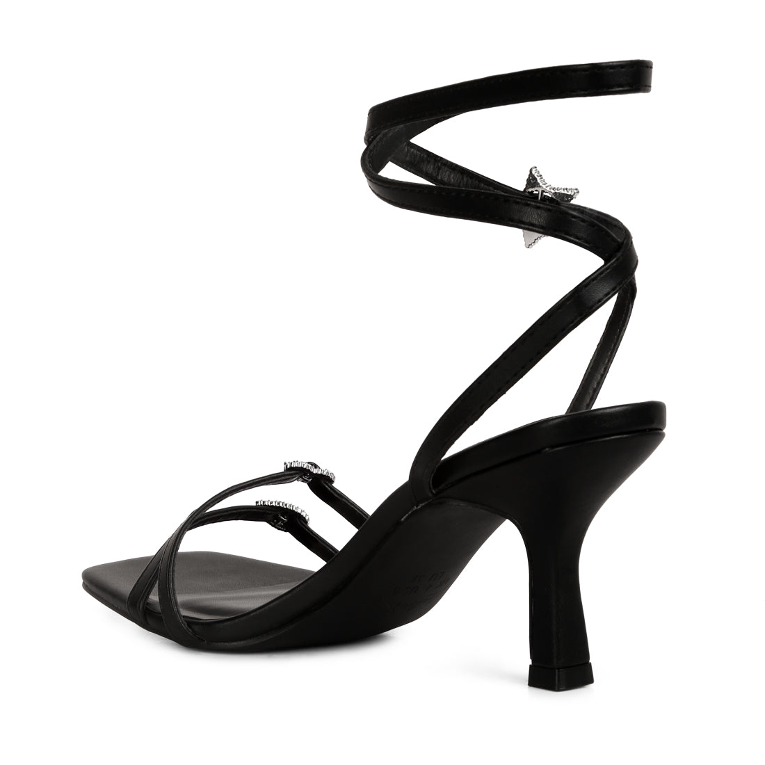 A pair of elegant black buckle high heel sandals featuring a stiletto heel and open square toe design.