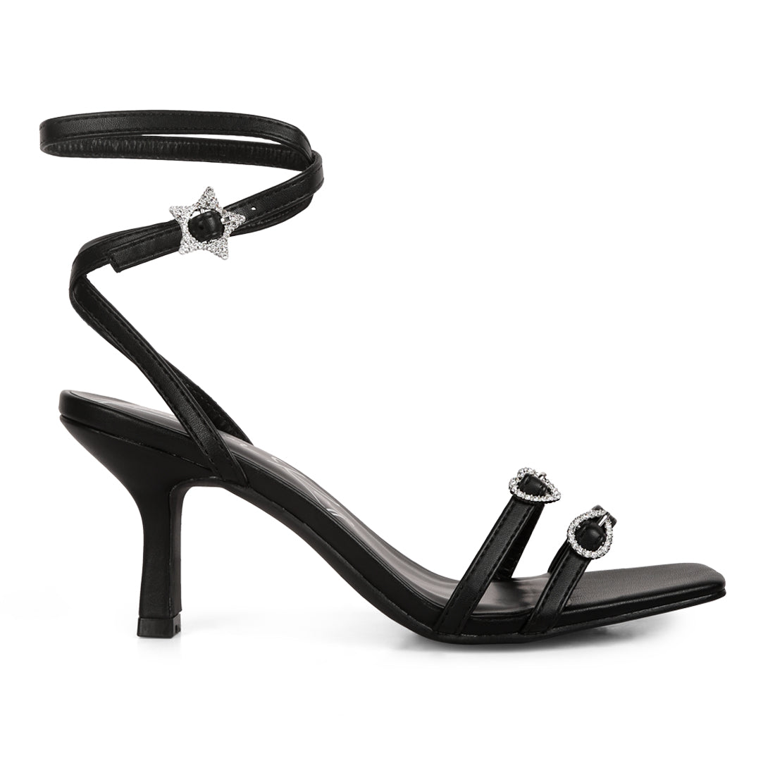 A pair of elegant black buckle high heel sandals featuring a stiletto heel and open square toe design.