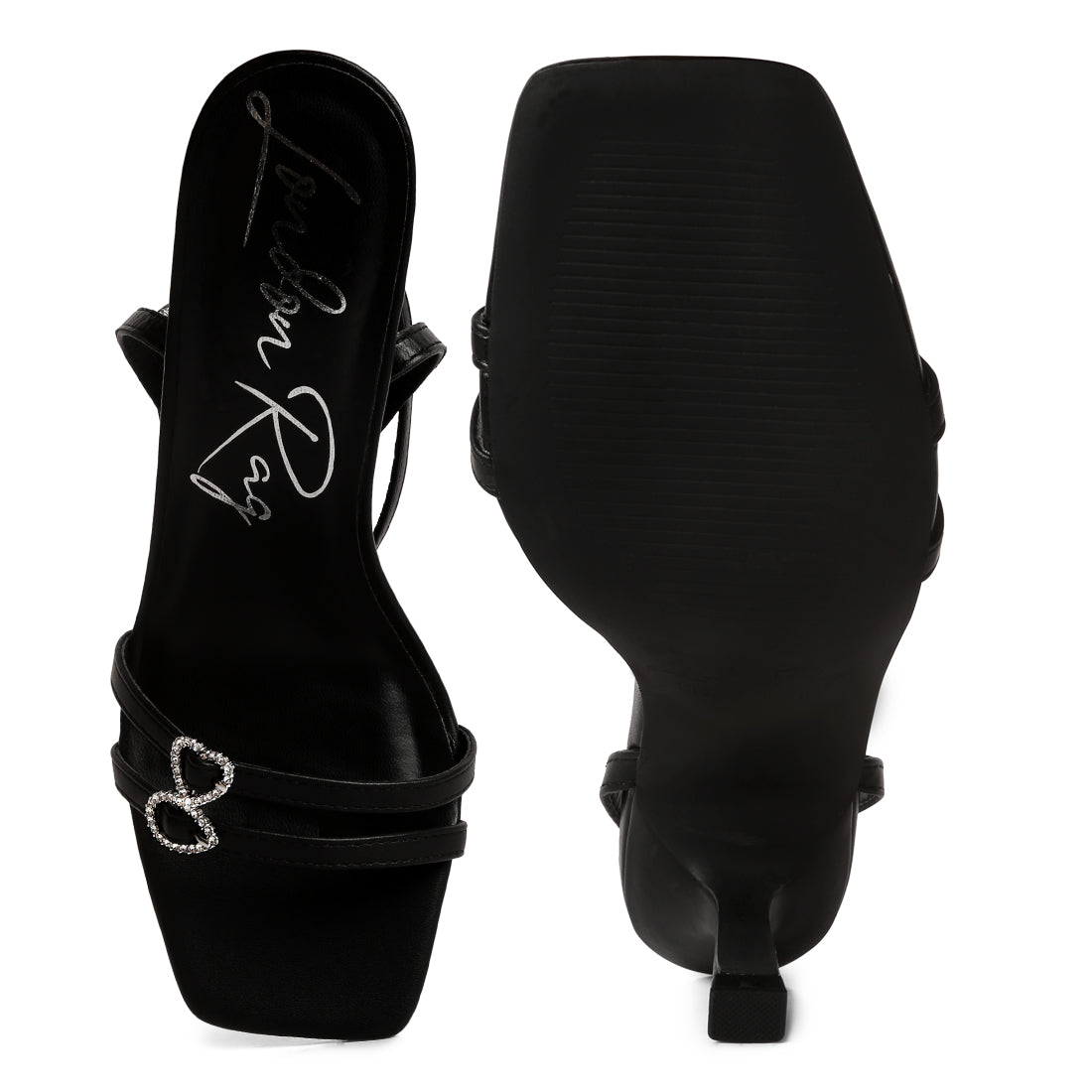 A pair of elegant black buckle high heel sandals featuring a stiletto heel and open square toe design.