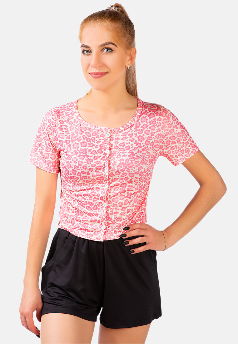 A stylish Button Up Printed Blouse featuring a lightweight cotton fabric, round neck, and half sleeves, perfect for casual wear.