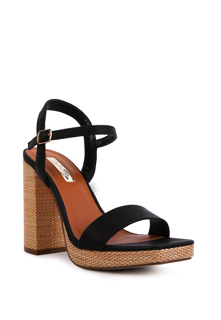 Buxor Woven Textured High Block Heeled Sandals featuring a stylish woven design, open square toe, and pin buckle closure.