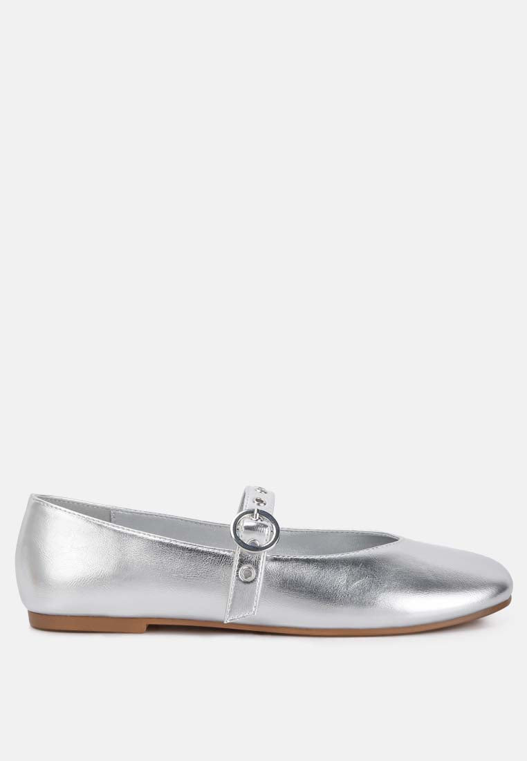 Callum Mary Jane Ballerinas in metallic faux leather with buckle strap detail, showcasing a stylish and comfortable design.