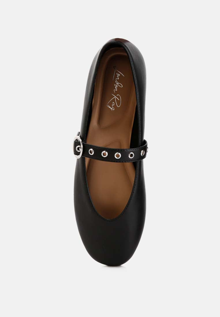 Callum Mary Jane Ballerinas in metallic faux leather with buckle strap detail, showcasing a stylish and comfortable design.