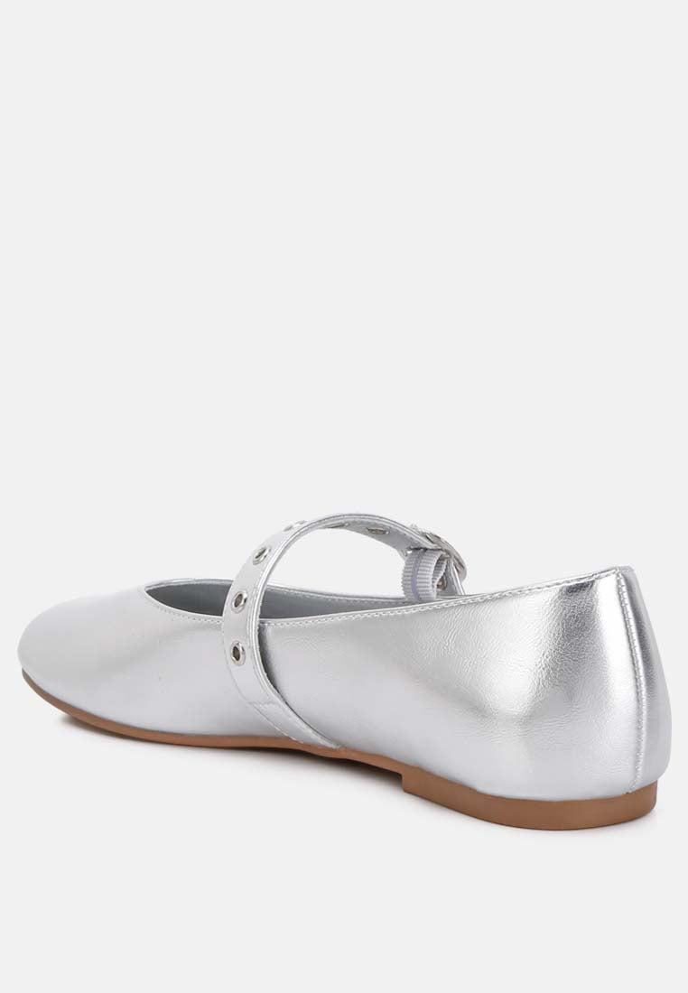 Callum Mary Jane Ballerinas in metallic faux leather with buckle strap detail, showcasing a stylish and comfortable design.