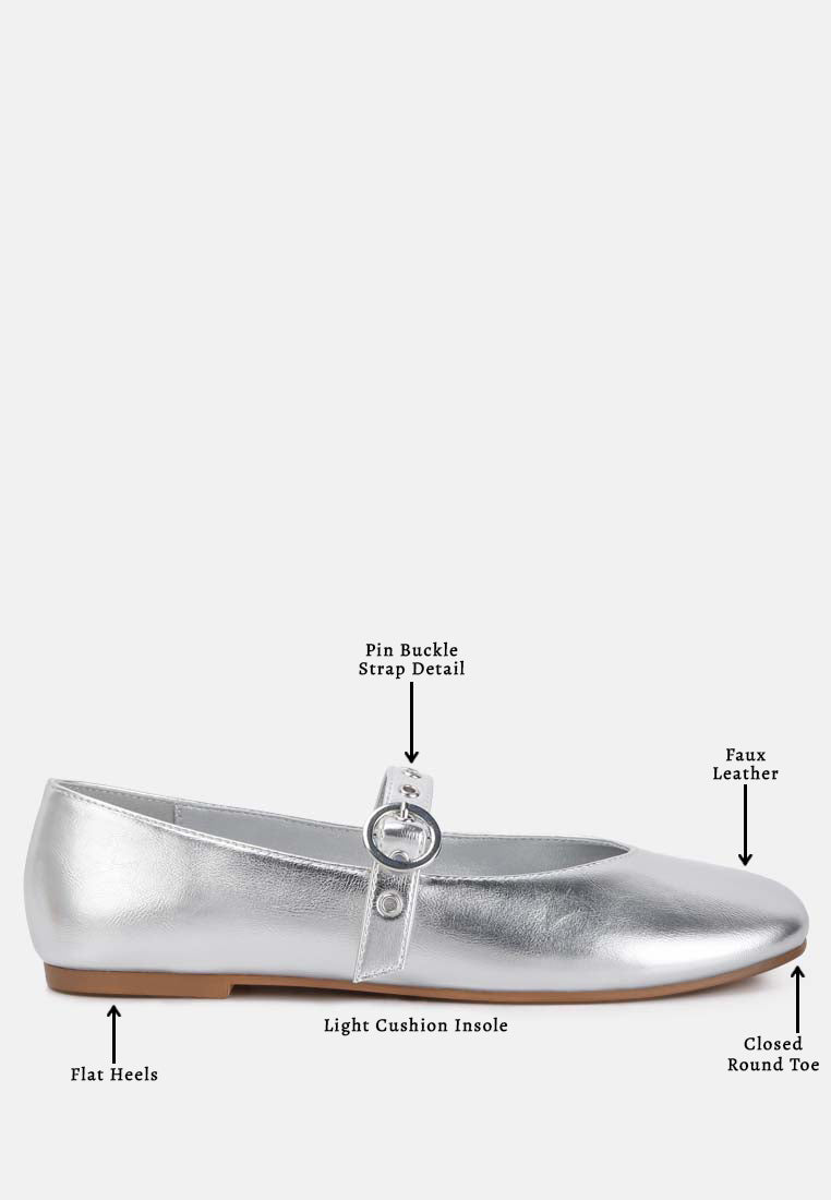 Callum Mary Jane Ballerinas in metallic faux leather with buckle strap detail, showcasing a stylish and comfortable design.