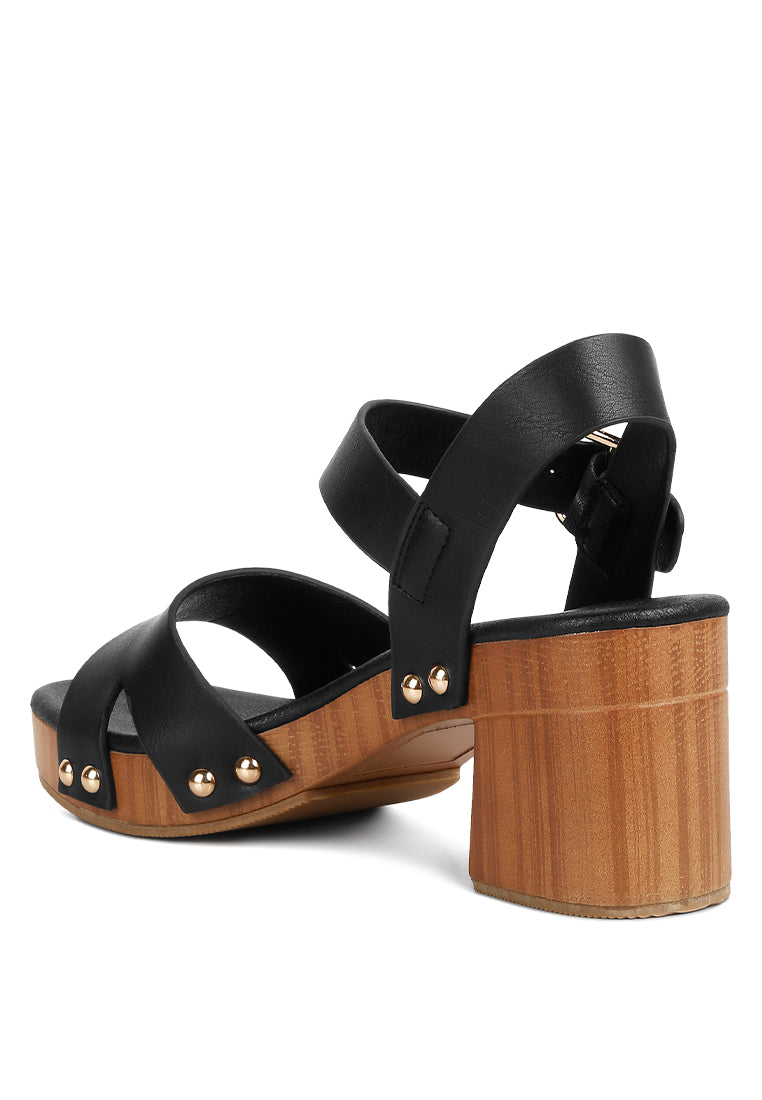 Campbell Faux Leather Textured Block Heel Sandals featuring a stylish design with a textured block heel and stud details.