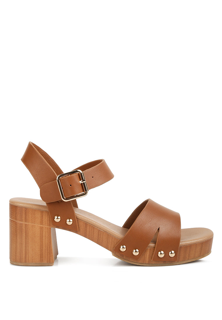 Campbell Faux Leather Textured Block Heel Sandals featuring a stylish design with a textured block heel and stud details.