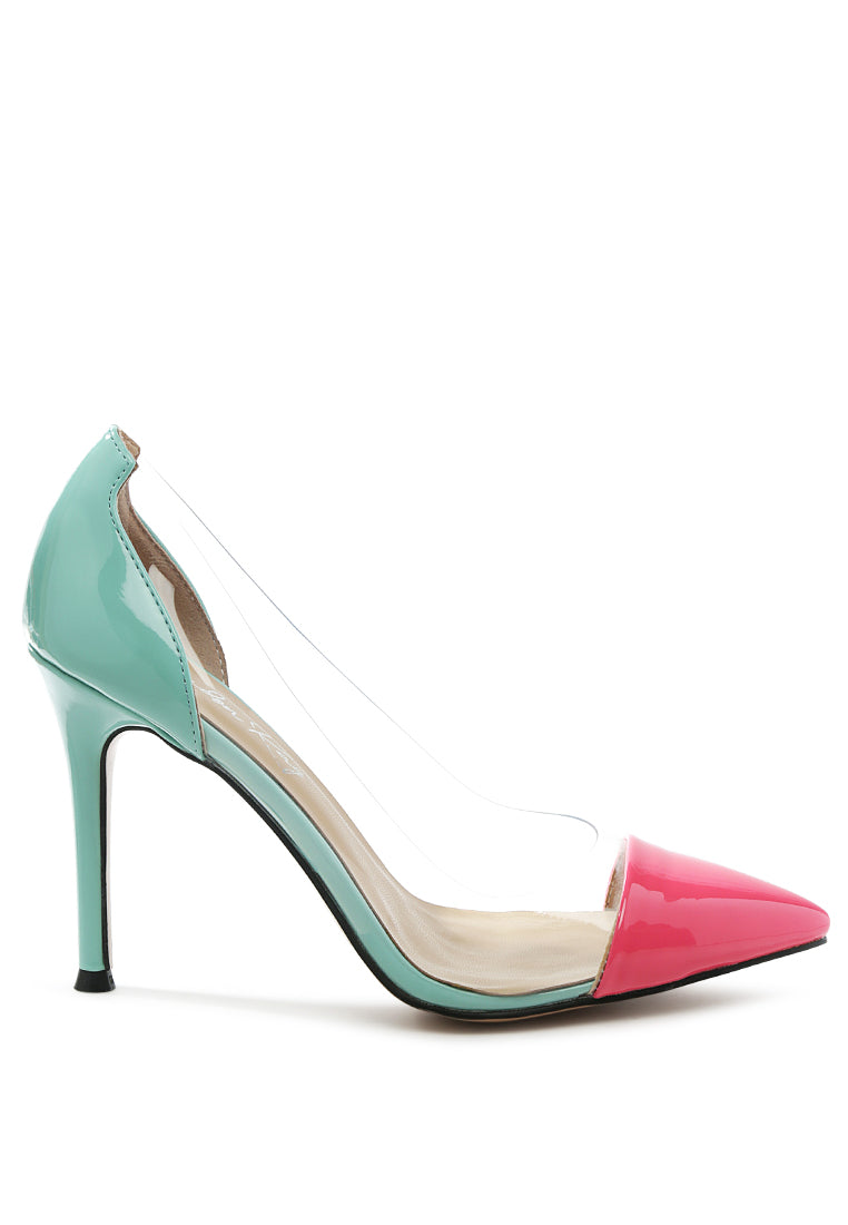 Candace Clear Patent Faux Leather Detail Pumps showcasing a stylish design with clear panels and stiletto heels in black and pastel color options.