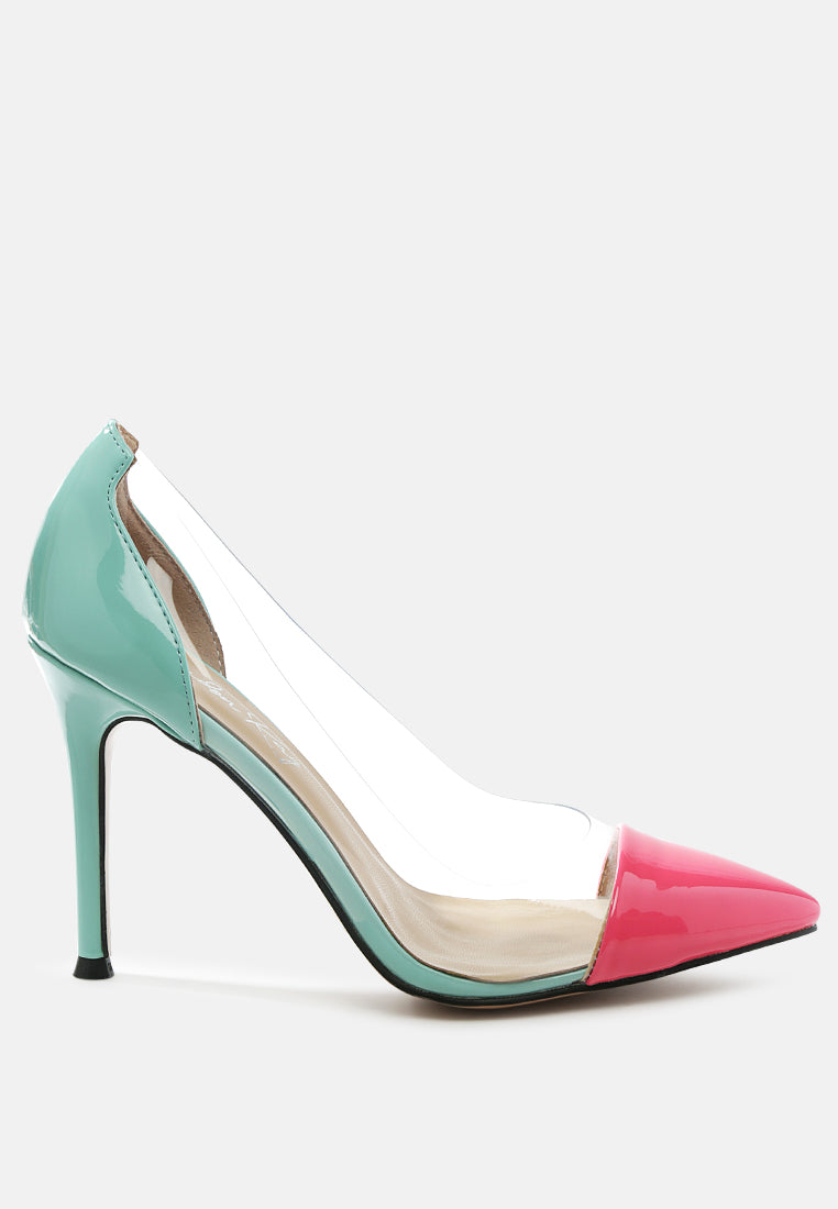 Candace Clear Patent Faux Leather Detail Pumps showcasing a stylish design with clear panels and stiletto heels in black and pastel color options.