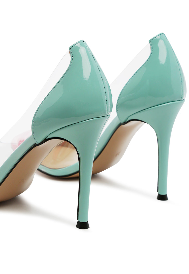 Candace Clear Patent Faux Leather Detail Pumps showcasing a stylish design with clear panels and stiletto heels in black and pastel color options.