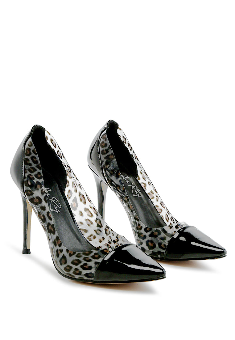 Candace Clear Patent Faux Leather Detail Pumps showcasing a stylish design with clear panels and stiletto heels in black and pastel color options.