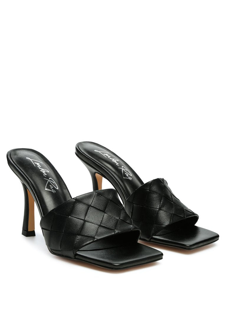 Carmen Woven Strap Mid Heel Sandals featuring a square toe and elegant woven design in three color options.