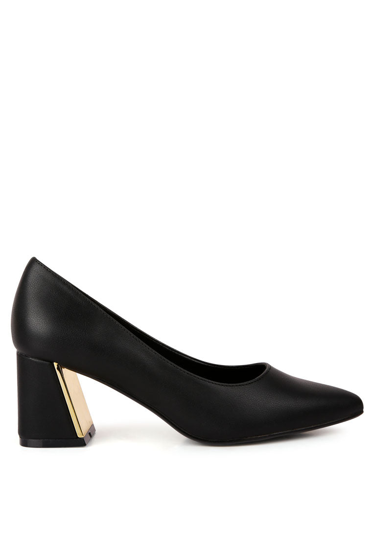 Elegant Casey Metallic Detail Block Heel Pumps with faux leather finish and stylish metallic accents.