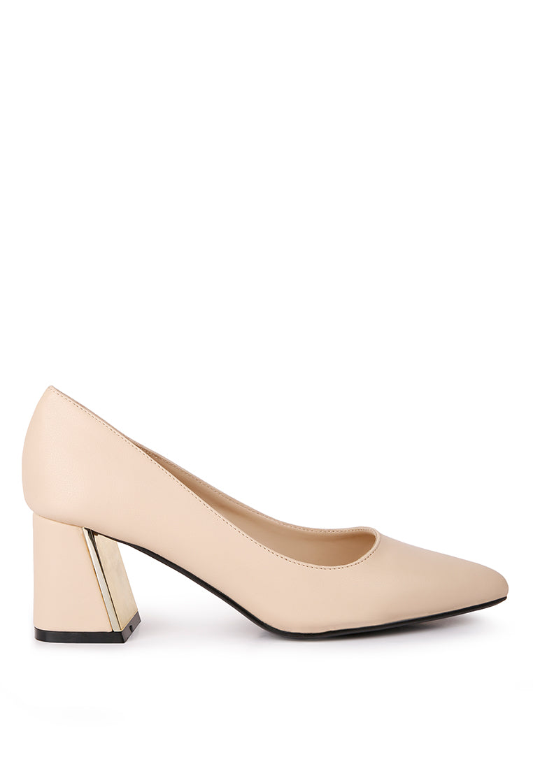 Elegant Casey Metallic Detail Block Heel Pumps with faux leather finish and stylish metallic accents.