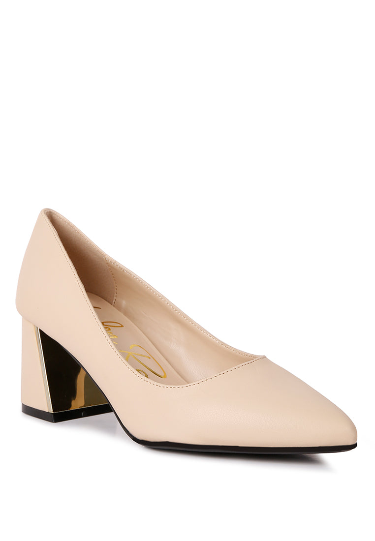 Elegant Casey Metallic Detail Block Heel Pumps with faux leather finish and stylish metallic accents.