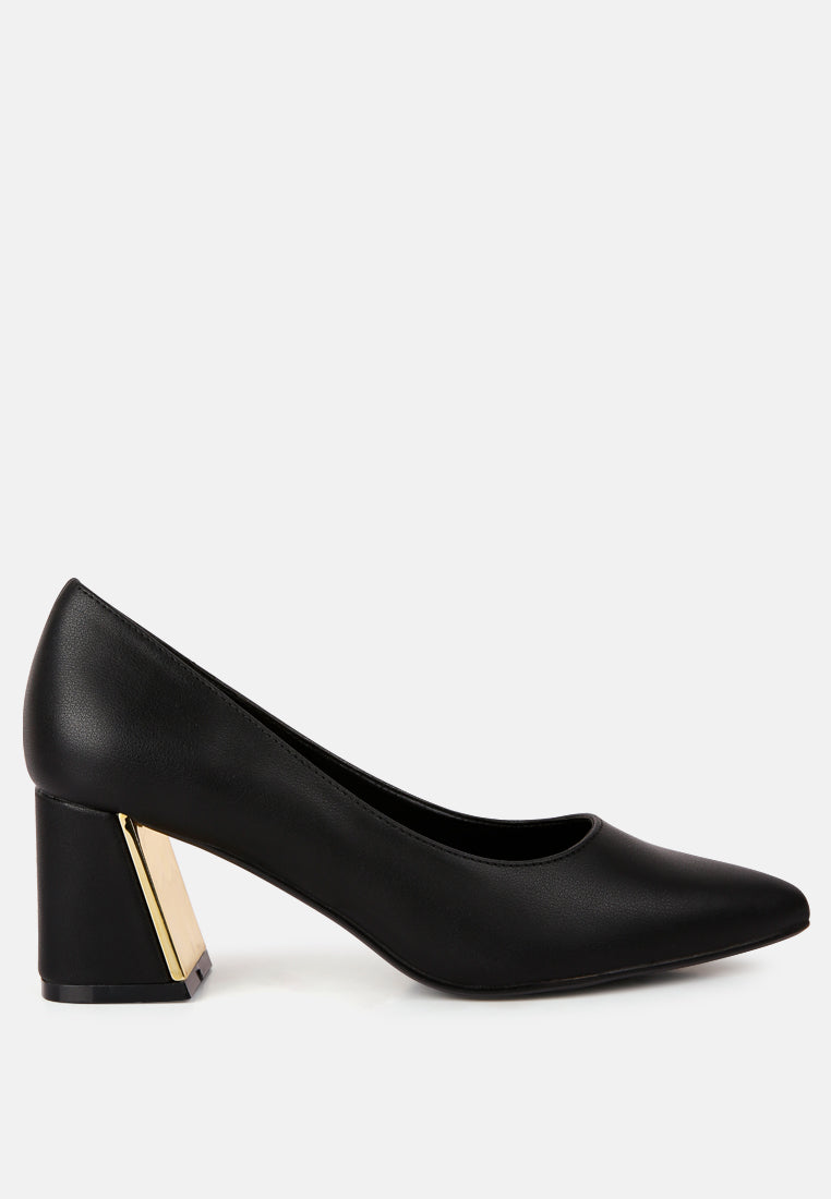 Elegant Casey Metallic Detail Block Heel Pumps with faux leather finish and stylish metallic accents.