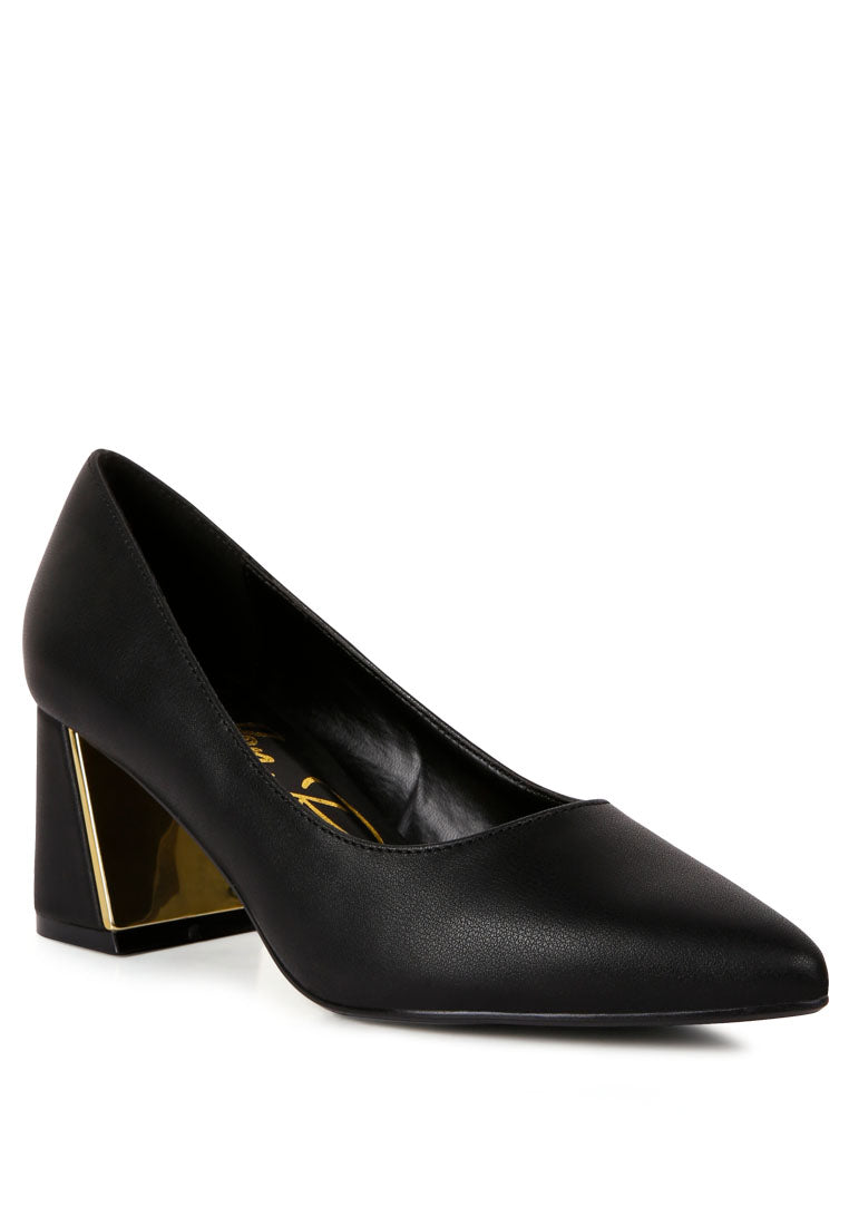 Elegant Casey Metallic Detail Block Heel Pumps with faux leather finish and stylish metallic accents.