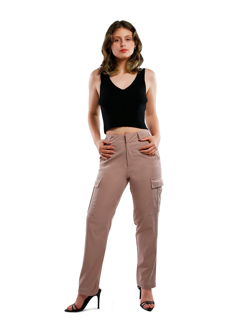 Casual High Waist Straight Pants in soft Polycot fabric, featuring flap pockets and belt loops, perfect for work or casual wear.