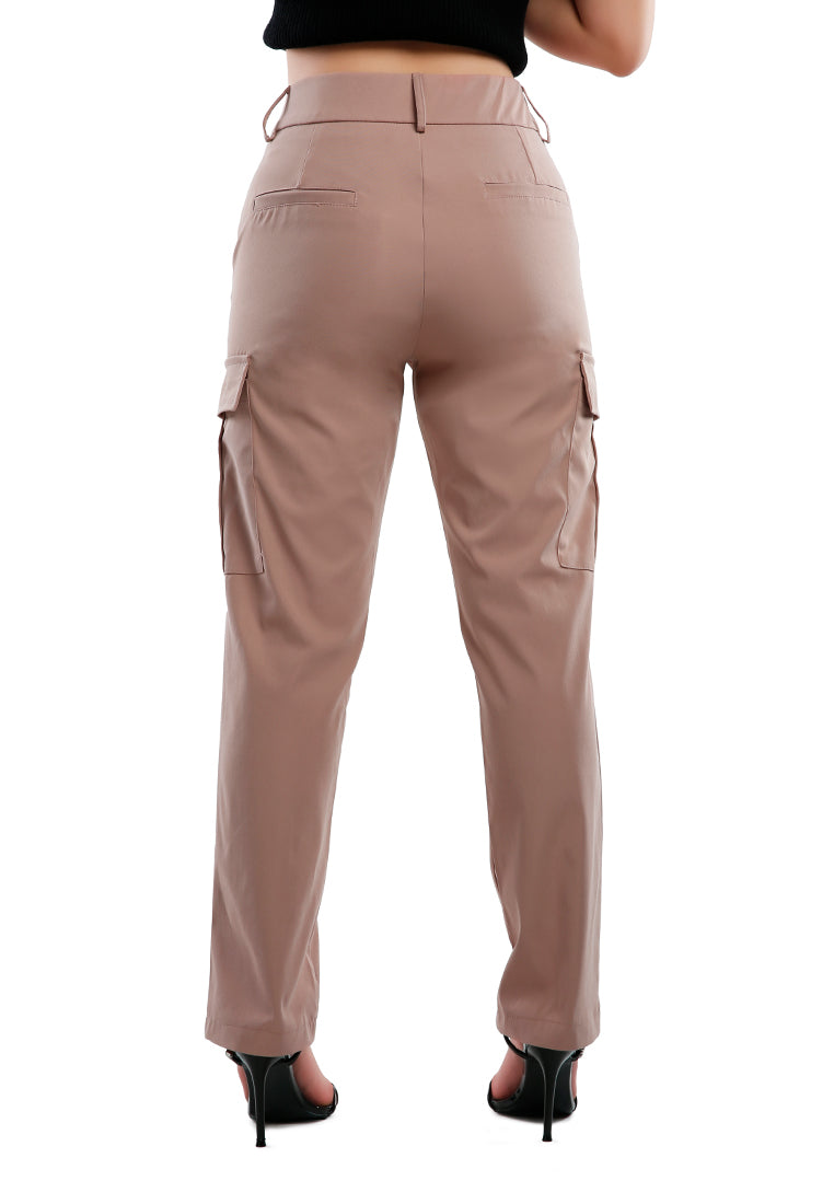 Casual High Waist Straight Pants in soft Polycot fabric, featuring flap pockets and belt loops, perfect for work or casual wear.