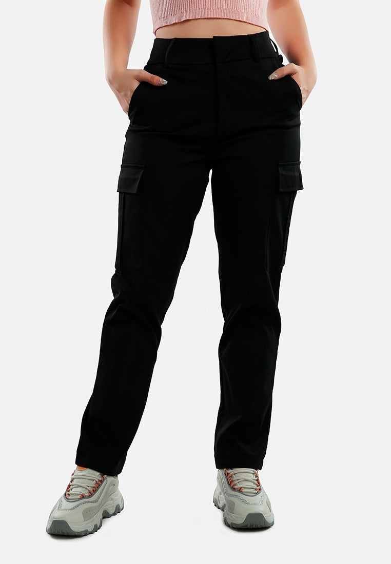 Casual High Waist Straight Pants in soft Polycot fabric, featuring flap pockets and belt loops, perfect for work or casual wear.