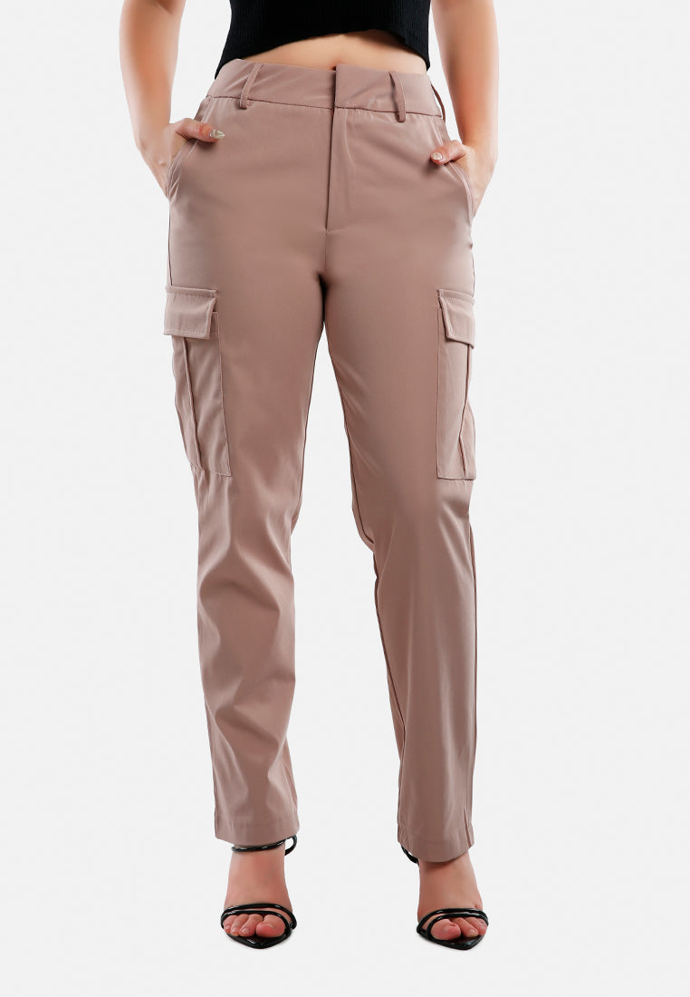 Casual High Waist Straight Pants in soft Polycot fabric, featuring flap pockets and belt loops, perfect for work or casual wear.