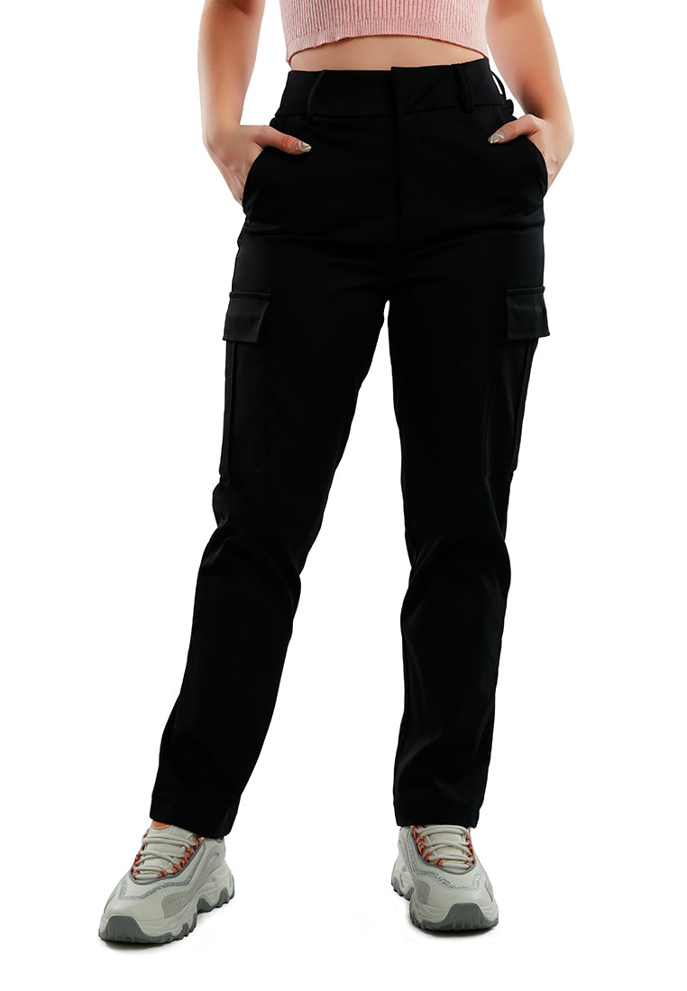 Casual High Waist Straight Pants in soft Polycot fabric, featuring flap pockets and belt loops, perfect for work or casual wear.