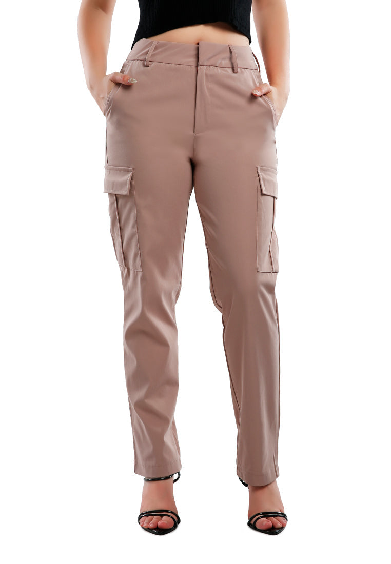 Casual High Waist Straight Pants in soft Polycot fabric, featuring flap pockets and belt loops, perfect for work or casual wear.