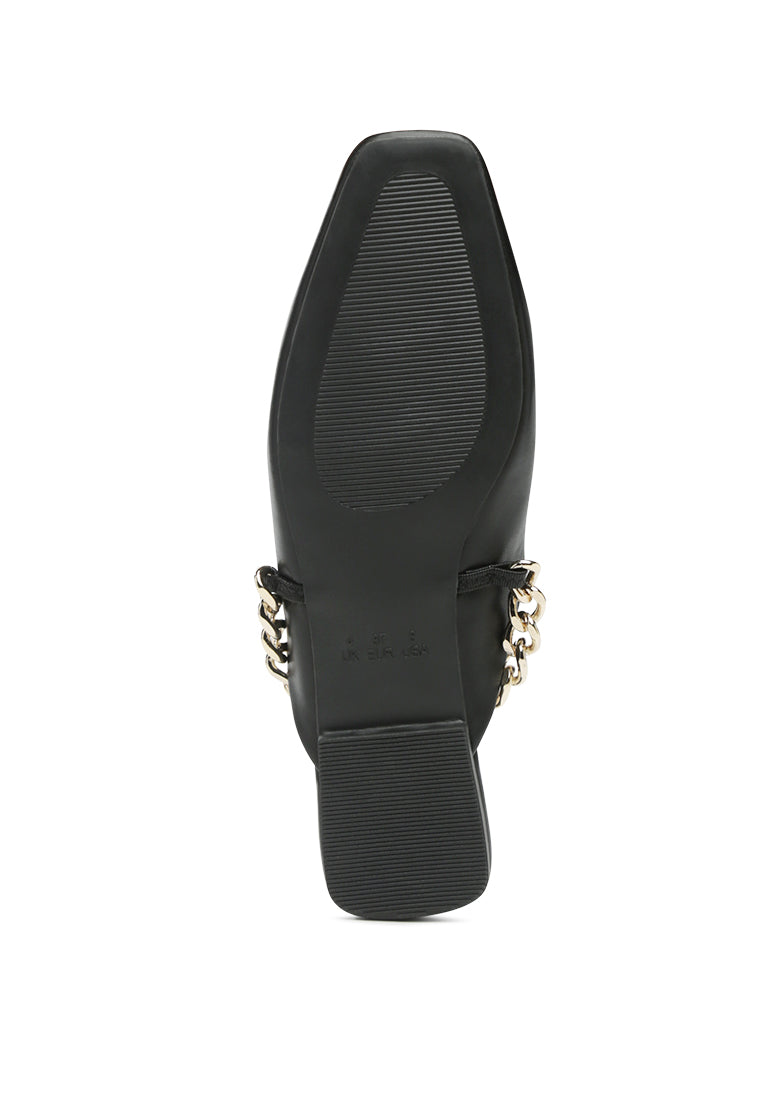 Catch Bling Chain Strap Flat Shoes featuring shiny metal chain strap and square cut toe design.