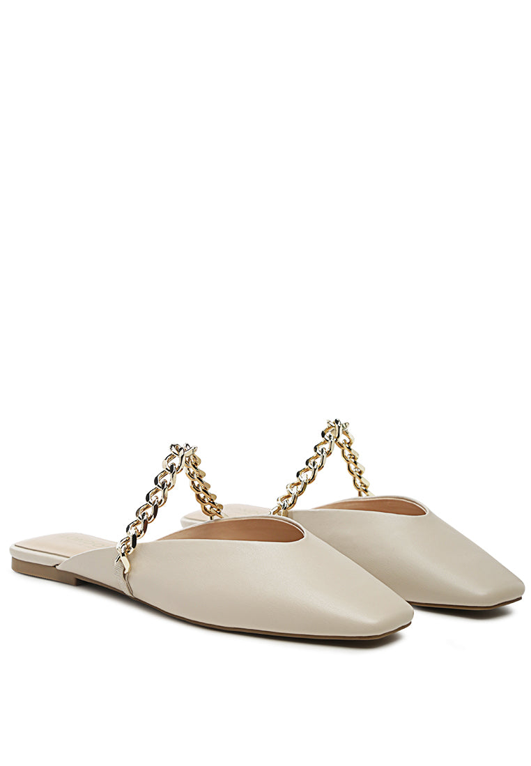 Catch Bling Chain Strap Flat Shoes featuring shiny metal chain strap and square cut toe design.