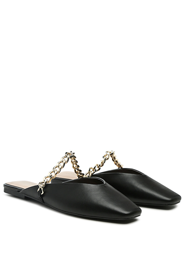 Catch Bling Chain Strap Flat Shoes featuring shiny metal chain strap and square cut toe design.