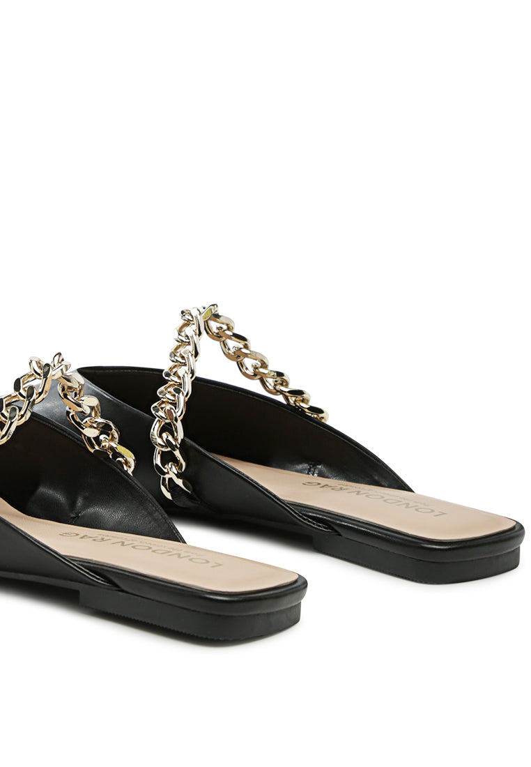 Catch Bling Chain Strap Flat Shoes featuring shiny metal chain strap and square cut toe design.