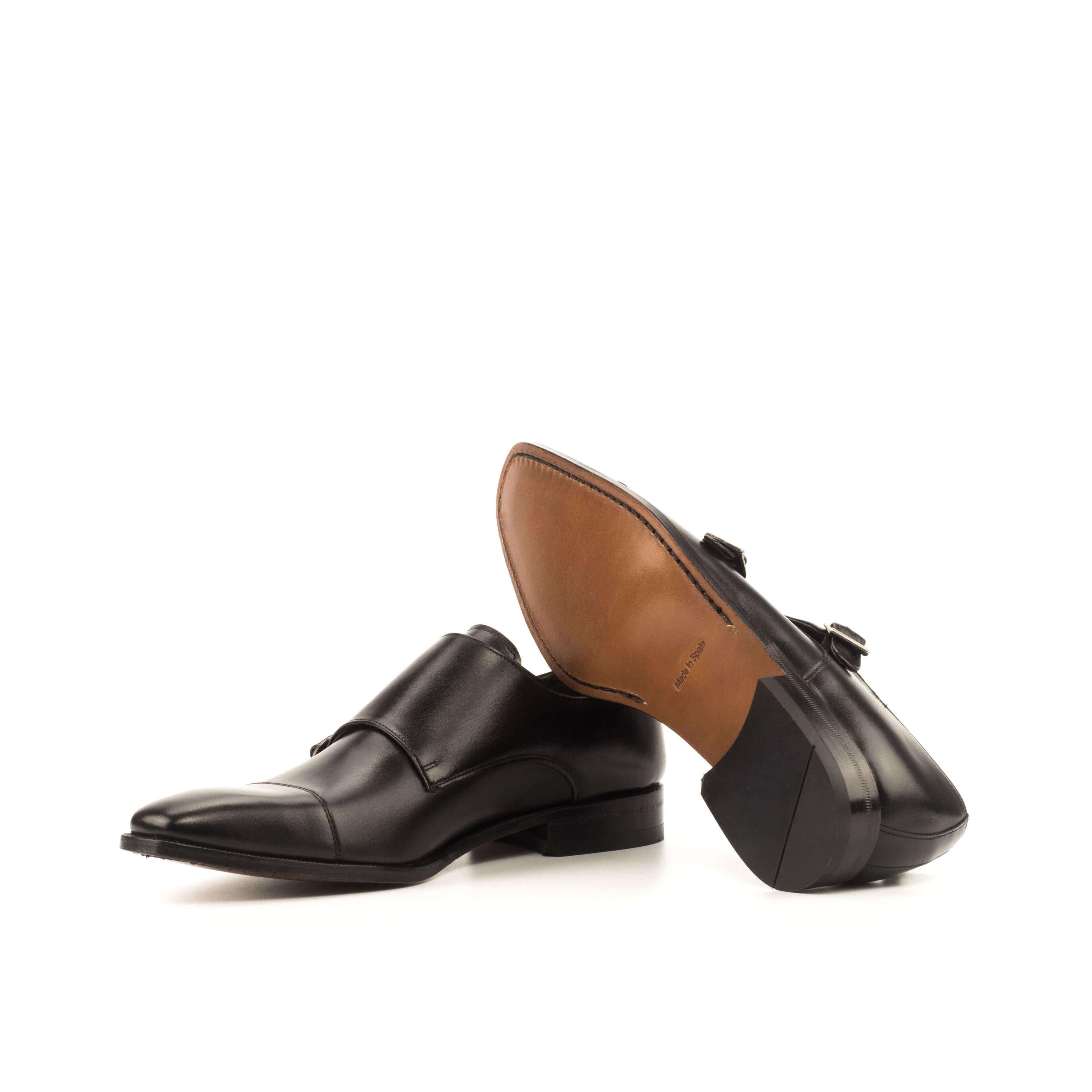 Cayton Double Monk II shoes featuring two elegant straps, crafted from black box calf leather with a cognac leather sole.