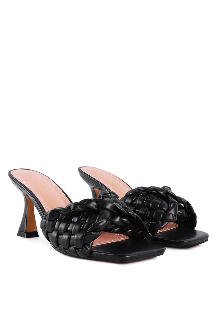 Celie Woven Strap Mid Heel Sandals featuring twisted faux leather straps and spool heels, perfect for stylish comfort.