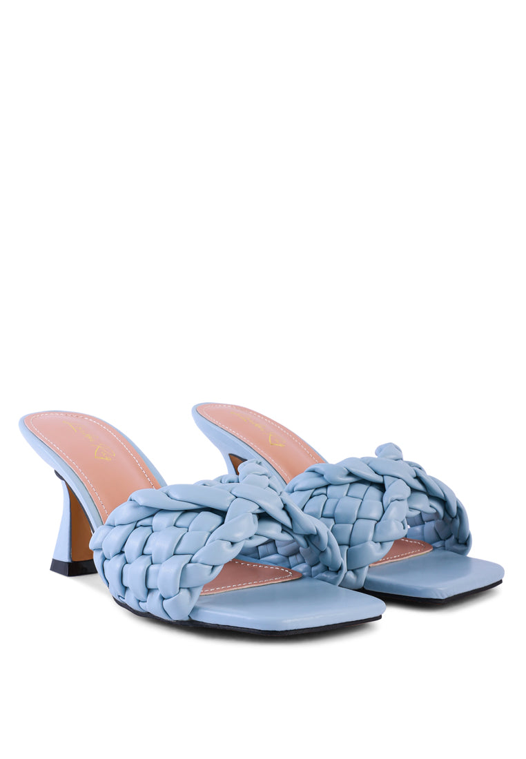 Celie Woven Strap Mid Heel Sandals featuring twisted faux leather straps and spool heels, perfect for stylish comfort.