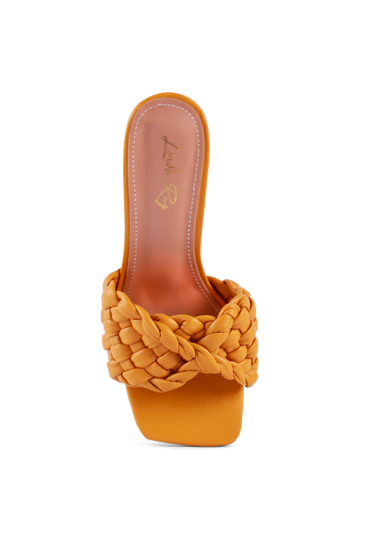 Celie Woven Strap Mid Heel Sandals featuring twisted faux leather straps and spool heels, perfect for stylish comfort.