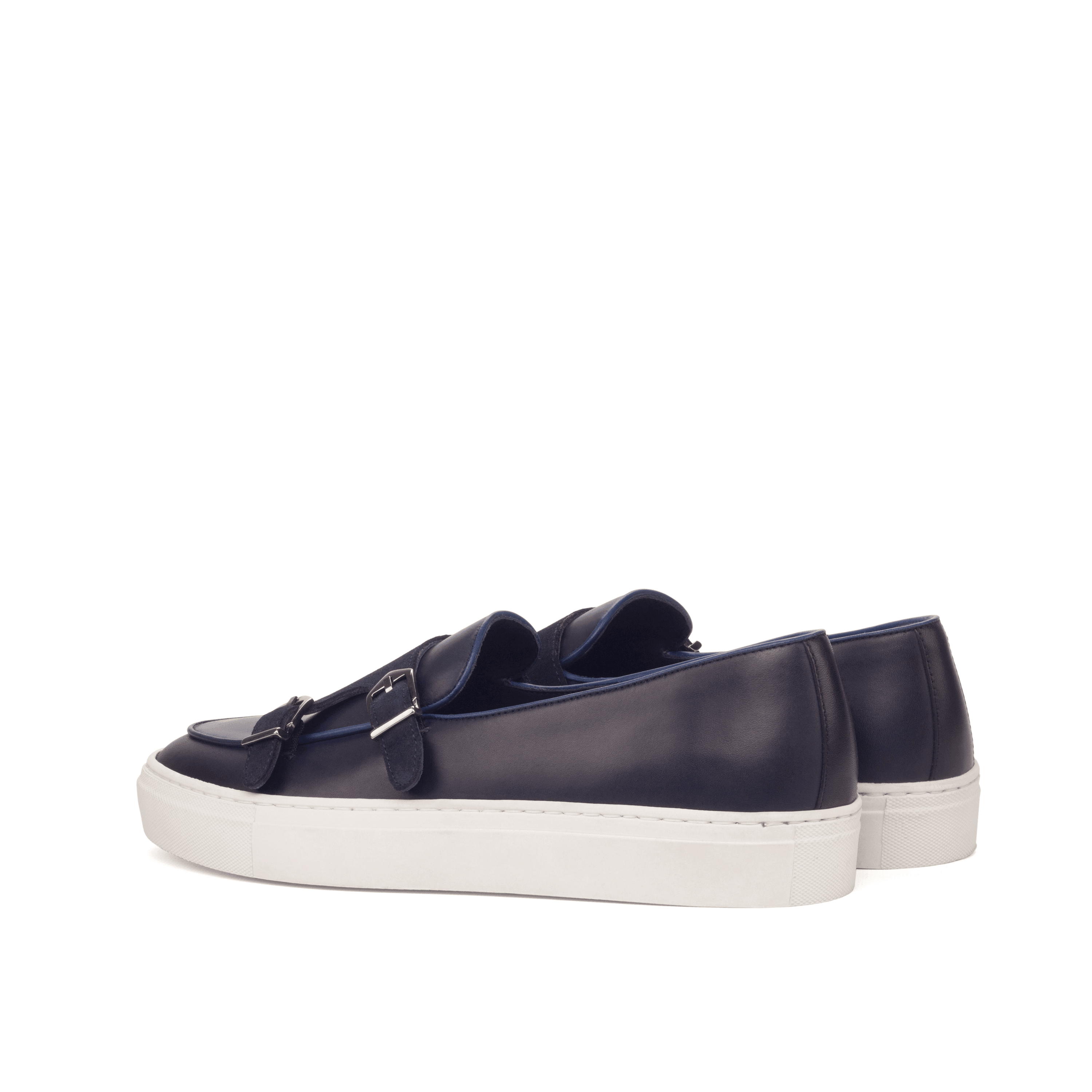 Celsus Monk Sneaker II featuring a double monk strap design with a white and black cupsole, crafted from premium navy and black leather materials.