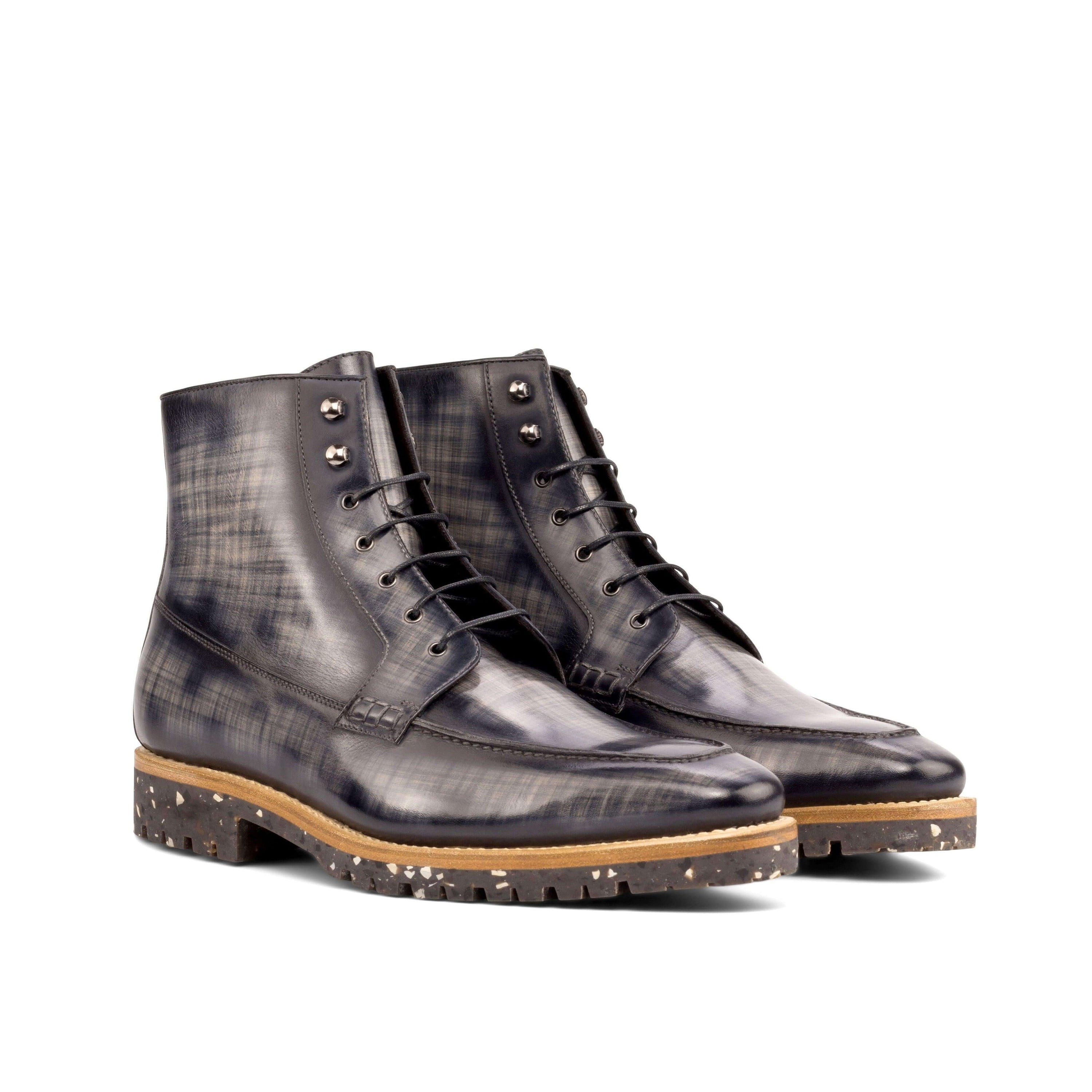 CEO Patina Moc Boots II featuring a vintage lace-up design, grey patina leather, and a sturdy recycled rubber sole.