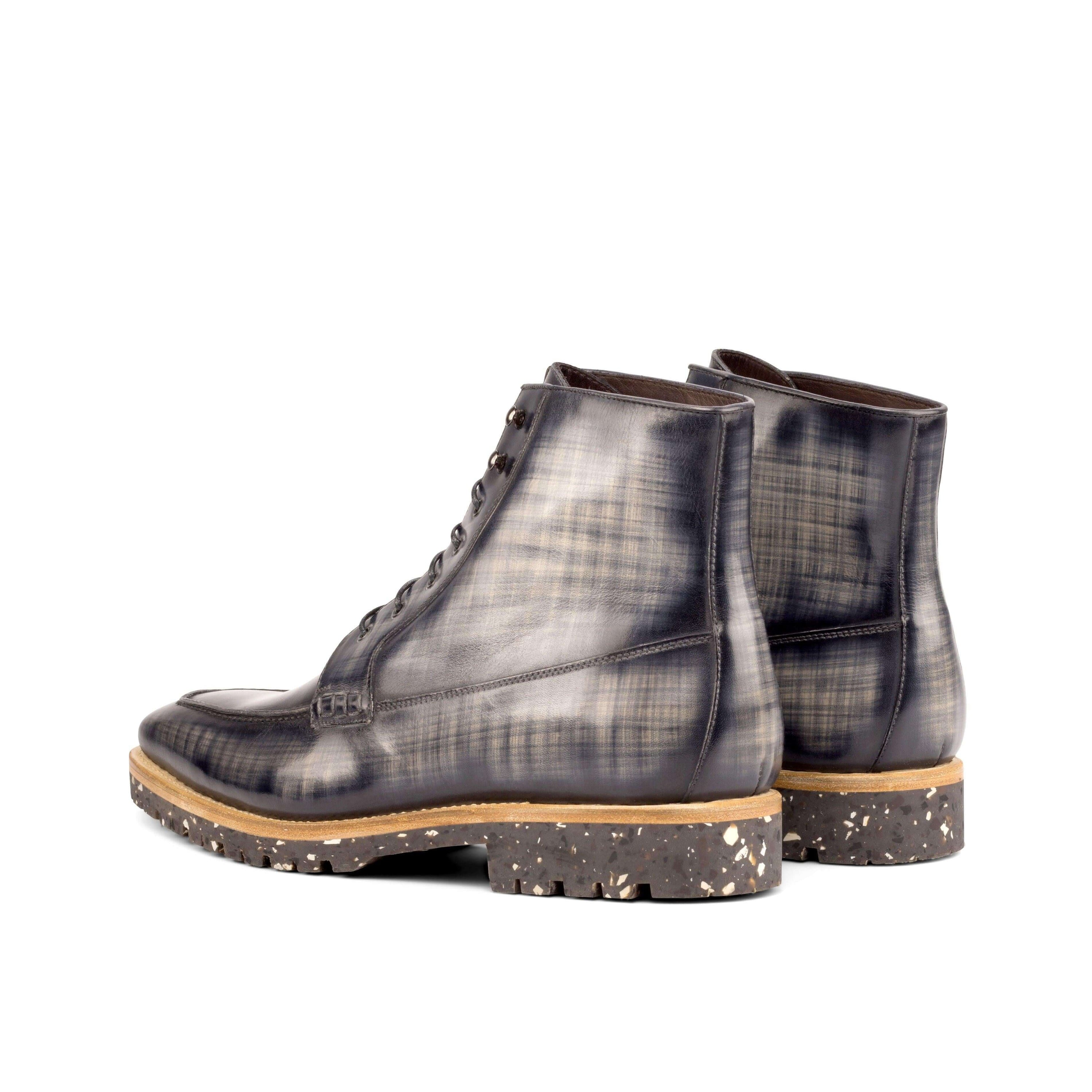 CEO Patina Moc Boots II featuring a vintage lace-up design, grey patina leather, and a sturdy recycled rubber sole.