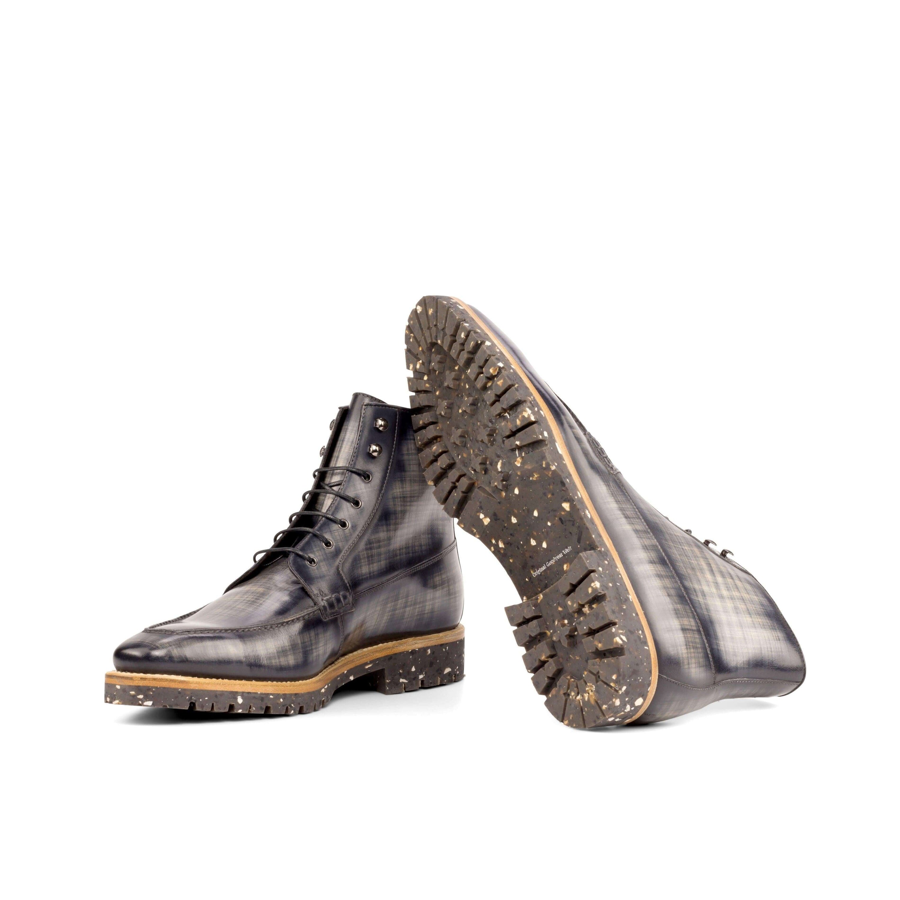 CEO Patina Moc Boots II featuring a vintage lace-up design, grey patina leather, and a sturdy recycled rubber sole.