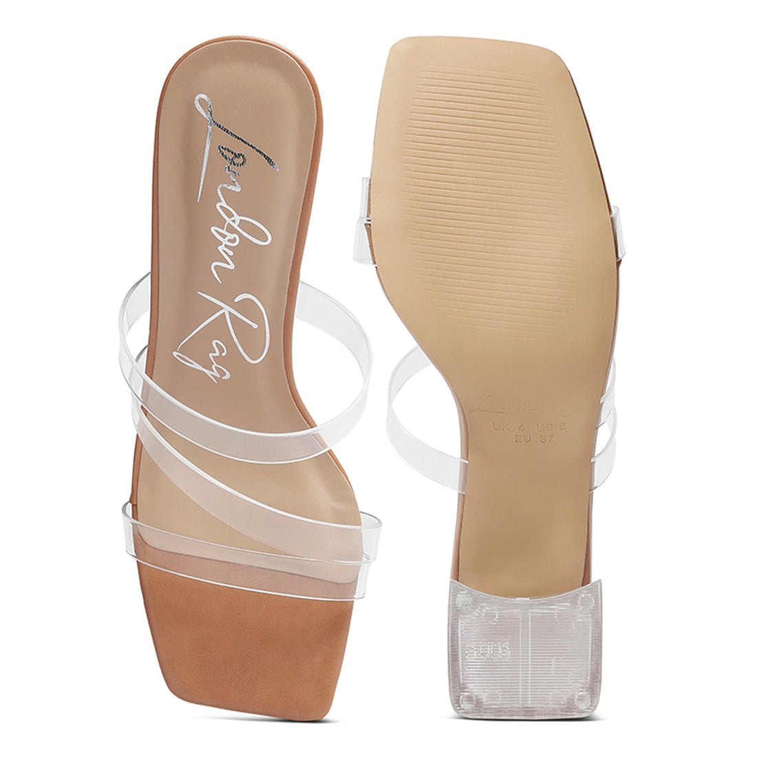 Chartz Multiple Straps Clear Heel Sandals featuring clear straps, transparent heels, and a metallic base, perfect for casual outings.