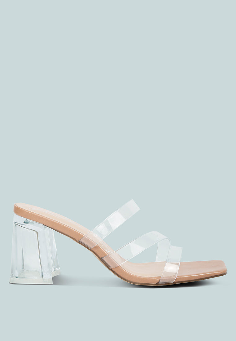 Chartz Multiple Straps Clear Heel Sandals featuring clear straps, transparent heels, and a metallic base, perfect for casual outings.