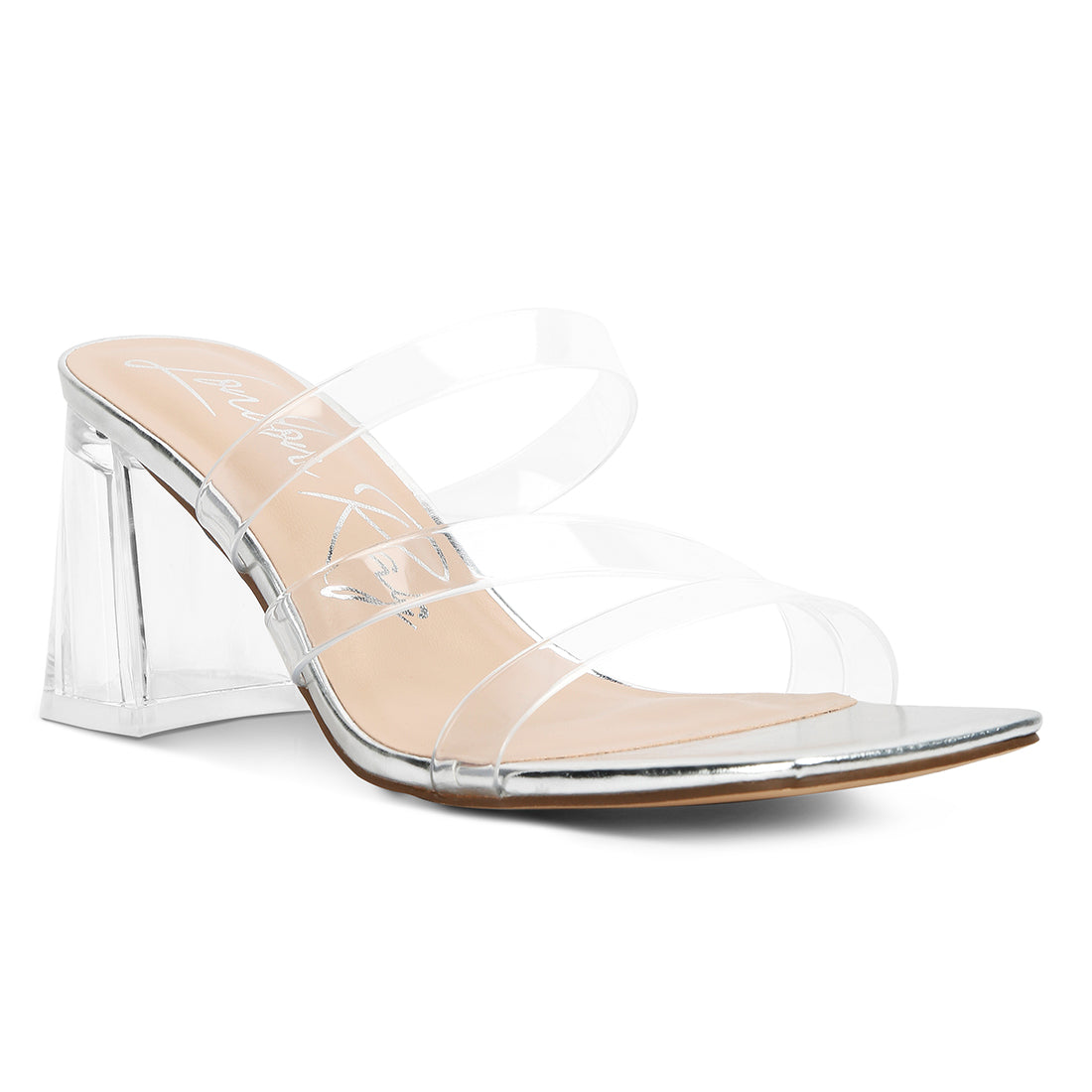 Chartz Multiple Straps Clear Heel Sandals featuring clear straps, transparent heels, and a metallic base, perfect for casual outings.