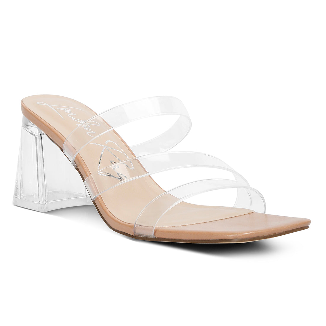 Chartz Multiple Straps Clear Heel Sandals featuring clear straps, transparent heels, and a metallic base, perfect for casual outings.