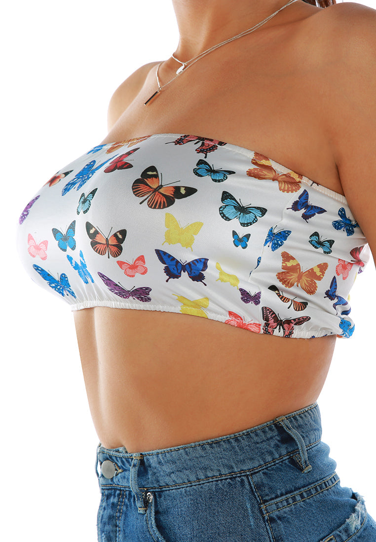 Chasing Butterflies Tube Top featuring a colorful spring print, sleeveless design, and slim fit, perfect for warm weather.