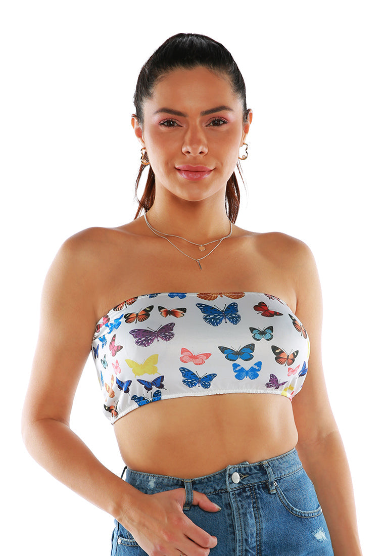 Chasing Butterflies Tube Top featuring a colorful spring print, sleeveless design, and slim fit, perfect for warm weather.